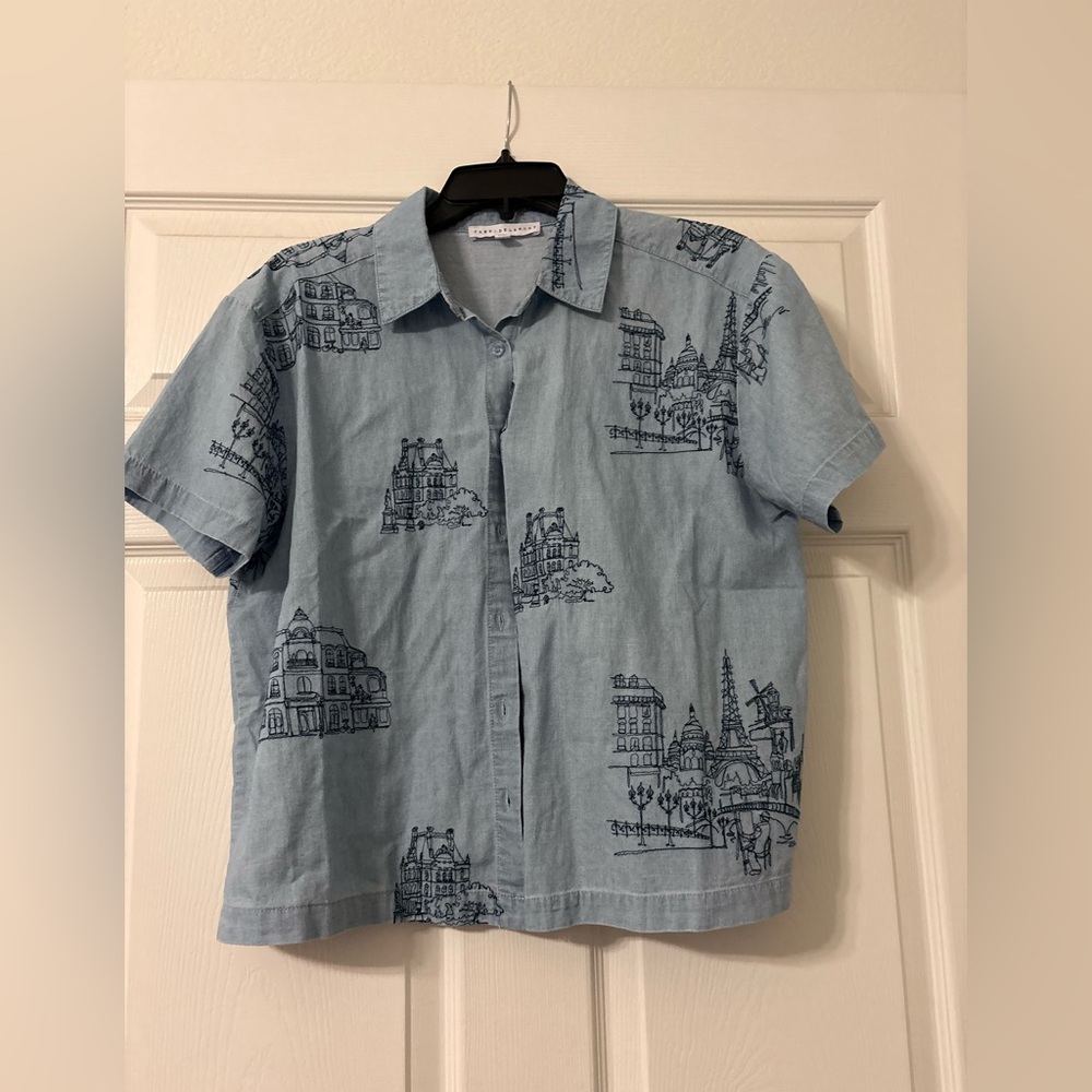 Jane and Delancey Blue Travel Abroad Graphic Shirt